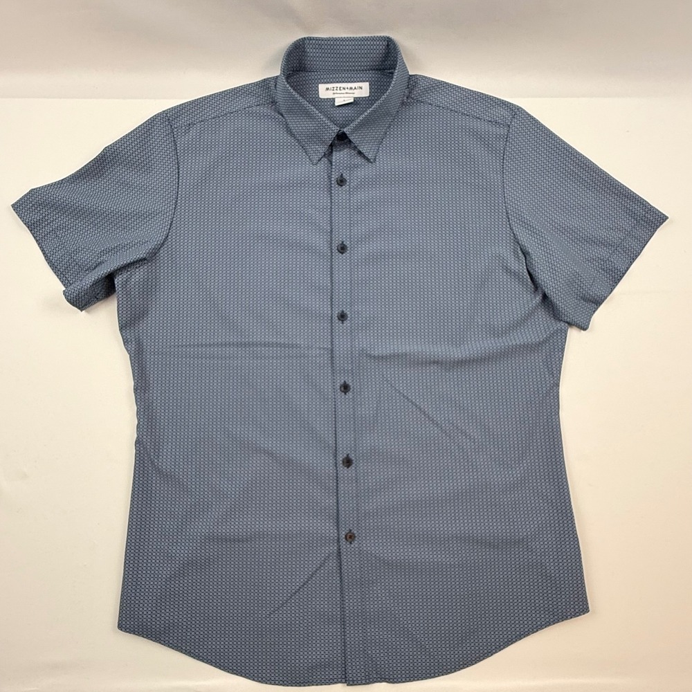 Mizzen+Main Mens Performance Short Sleeve Button Down Shirt Blue Trim Fit L